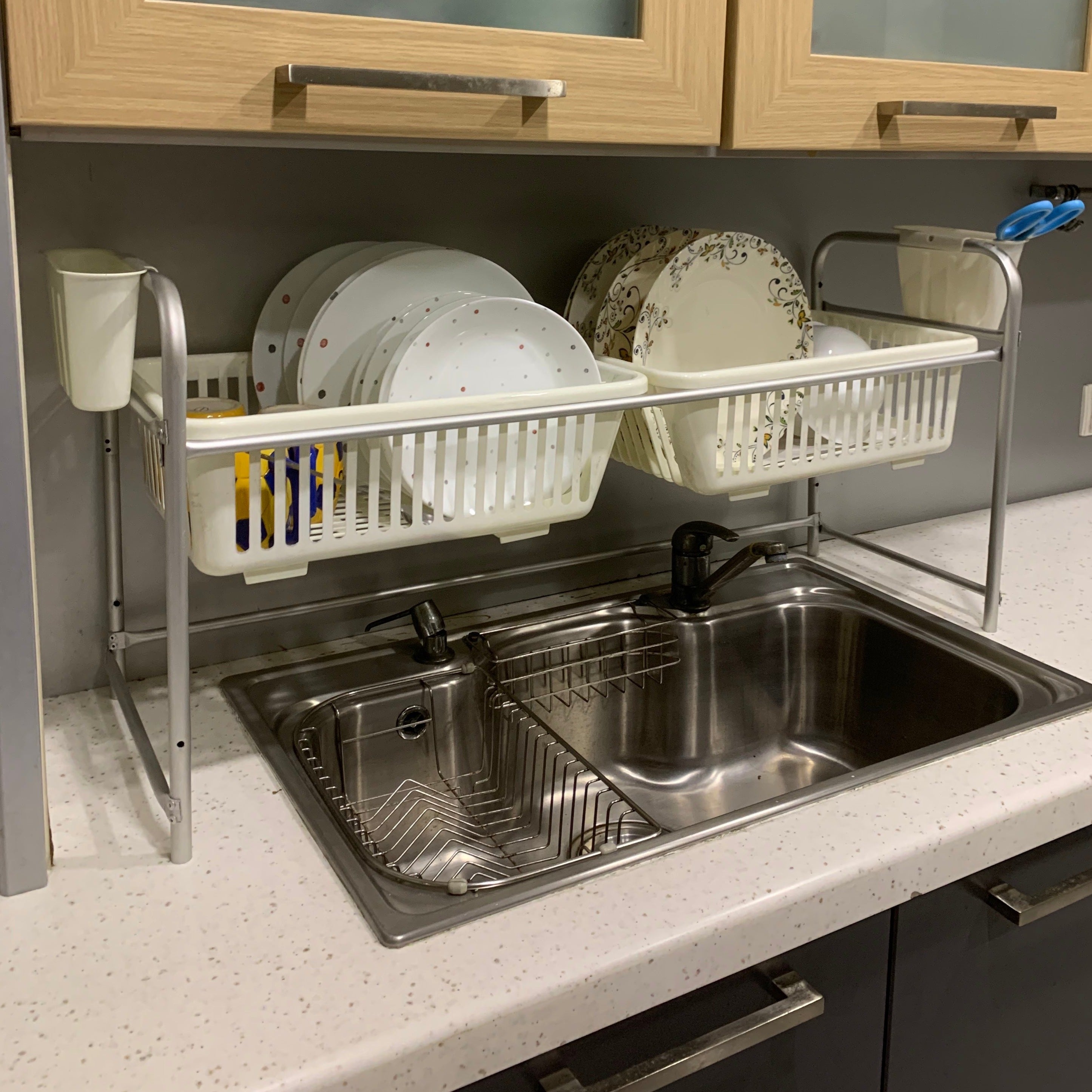 A space-saving kitchen set featuring a multi-purpose trolley cart, corner rack, and over-the-sink dish rack. Rust-proof, durable, and designed to keep your kitchen essentials organized and clutter-free.