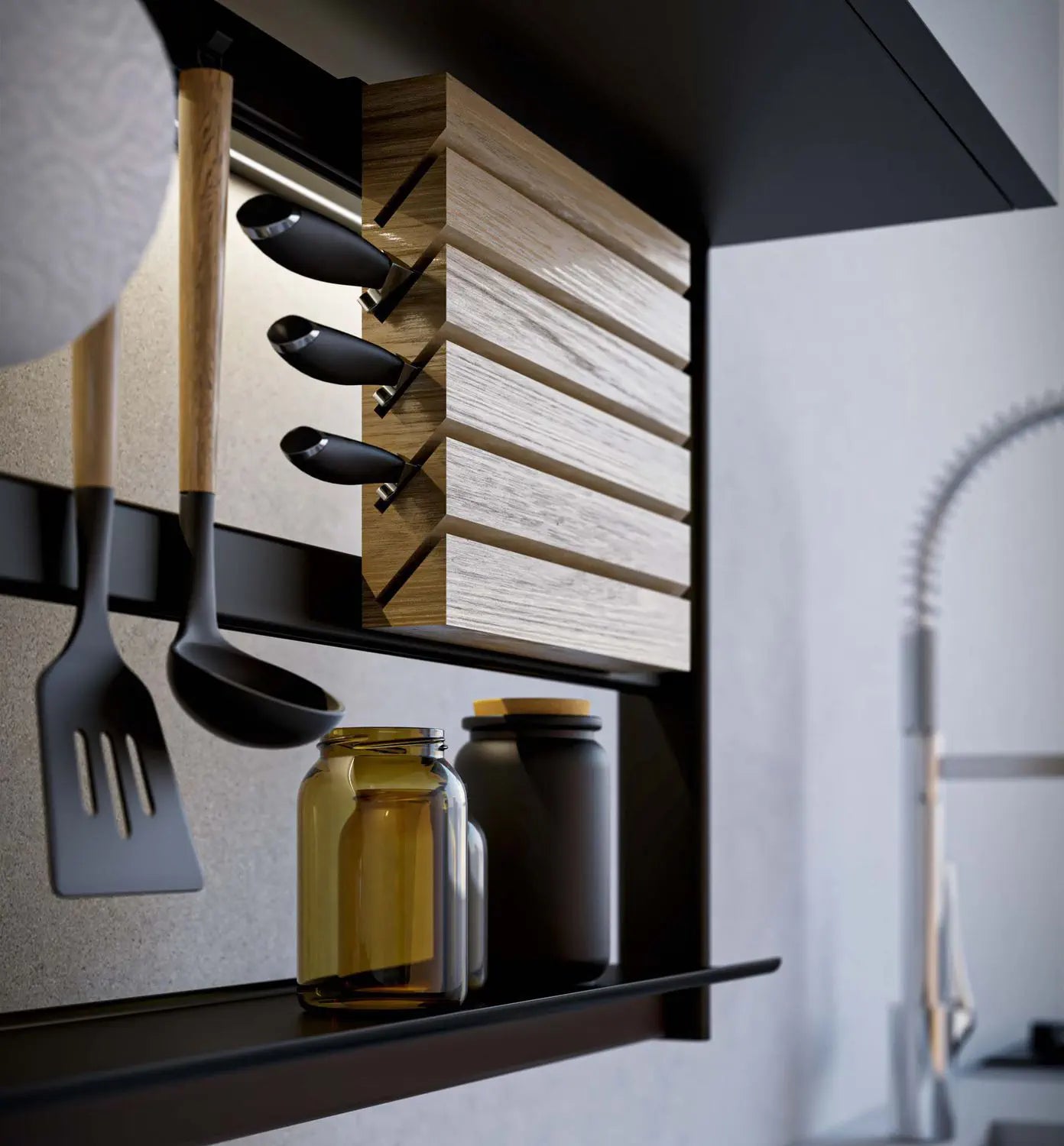 Wall-mounted aluminum hanging kitchen rack, designed for space-saving organization. Features three horizontal bars for hanging pots, pans, and utensils. Measures 42 cm in height and 5 cm in depth (14 cm with shelf), shipped pre-assembled for easy installation. Ideal for freeing up countertop space without drilling.