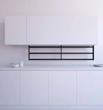 Wall-mounted aluminum hanging kitchen rack, designed for space-saving organization. Features three horizontal bars for hanging pots, pans, and utensils. Measures 42 cm in height and 5 cm in depth (14 cm with shelf), shipped pre-assembled for easy installation. Ideal for freeing up countertop space without drilling.