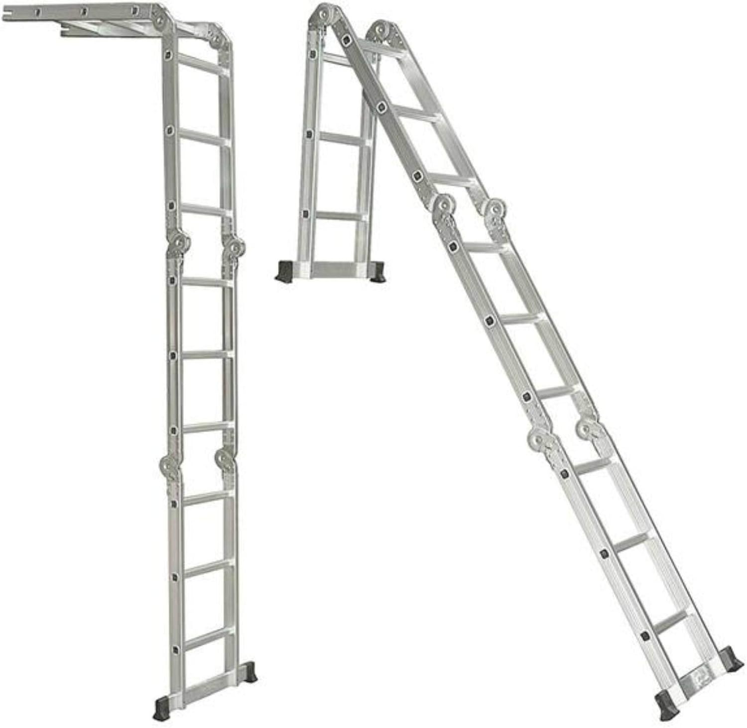 Lightweight, foldable aluminum ladder with M-Type design, supporting up to 150 kg. Rust-free construction and versatile for industrial, home, and outdoor use.