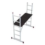 Multi-functional aluminum scaffold ladder with adjustable configurations, shown as a work platform. Features include a non-slip surface, spacious 147x50 cm platform, durable construction, and a maximum load capacity of 150 kg. Ideal for both professional and DIY projects.