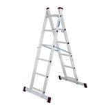 Multi-functional aluminum scaffold ladder with adjustable configurations, shown as a work platform. Features include a non-slip surface, spacious 147x50 cm platform, durable construction, and a maximum load capacity of 150 kg. Ideal for both professional and DIY projects.