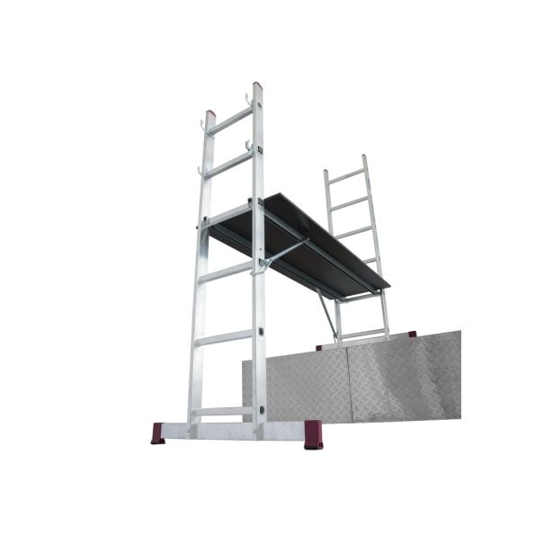 Multi-functional aluminum scaffold ladder with adjustable configurations, shown as a work platform. Features include a non-slip surface, spacious 147x50 cm platform, durable construction, and a maximum load capacity of 150 kg. Ideal for both professional and DIY projects.