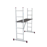 Multi-functional aluminum scaffold ladder with adjustable configurations, shown as a work platform. Features include a non-slip surface, spacious 147x50 cm platform, durable construction, and a maximum load capacity of 150 kg. Ideal for both professional and DIY projects.