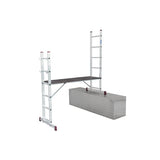 Multi-functional aluminum scaffold ladder with adjustable configurations, shown as a work platform. Features include a non-slip surface, spacious 147x50 cm platform, durable construction, and a maximum load capacity of 150 kg. Ideal for both professional and DIY projects.