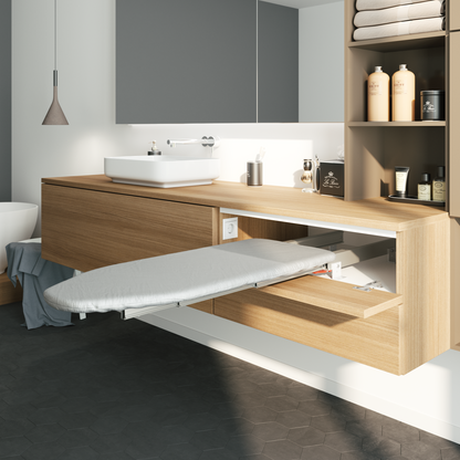 Foldable pull-out ironing board mounted inside a drawer