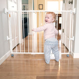 White baby gate blocking a staircase to prevent access