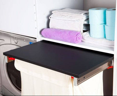 Pull-out laundry basket with aluminum worktop extension