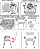 Adjustable bath chair with supportive backrest and non-slip seat surface, designed for accessibility and safety in bathroom environments