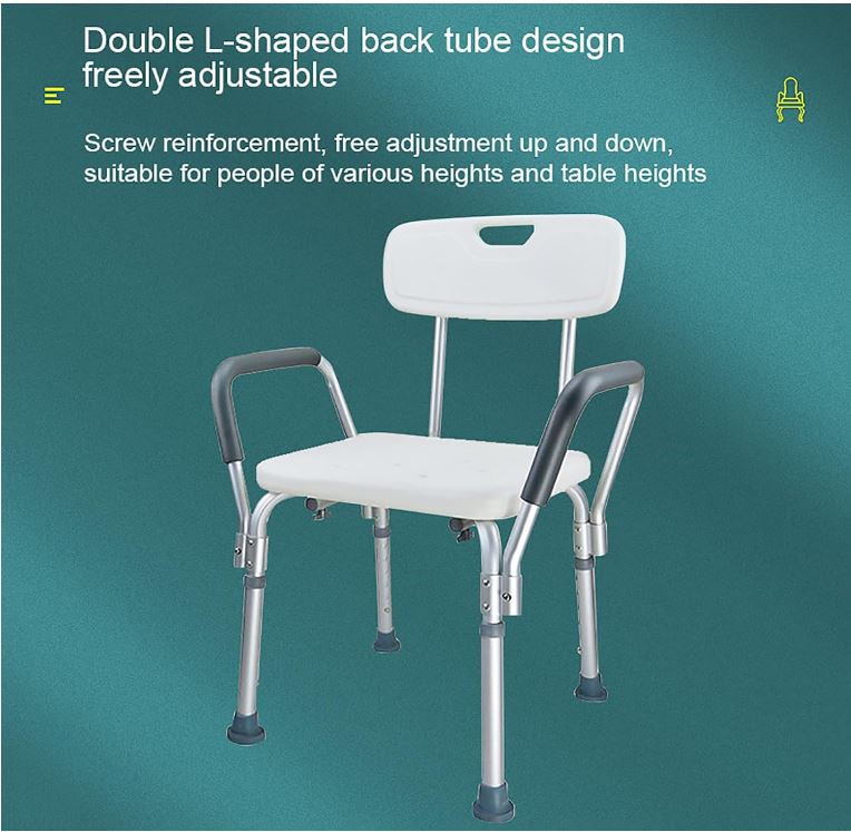 Adjustable bath chair with supportive backrest and non-slip seat surface, designed for accessibility and safety in bathroom environments