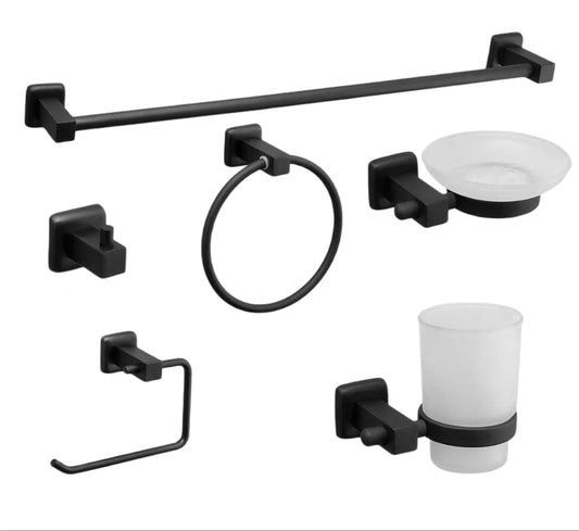 Deluxe Heavy Duty Stainless Steel Bathroom Accessories Set with 5mm thickness, including essential fixtures in a modern design, available in elegant finishes. The set is durable, rust-resistant, and designed for easy installation