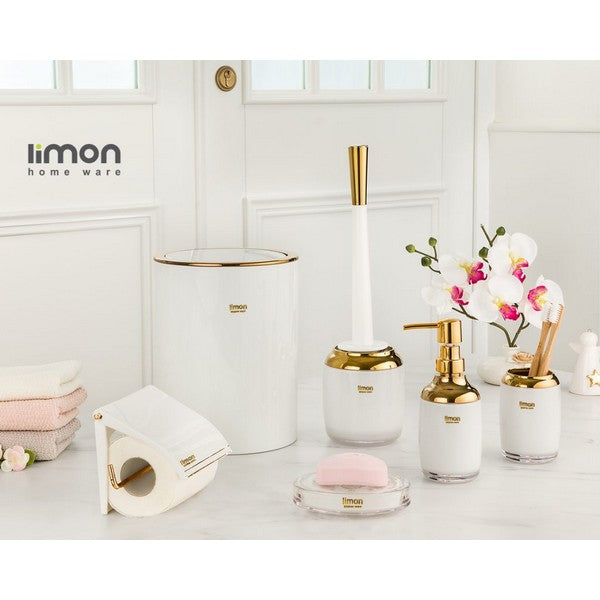 A stylish 6-piece Beige & White bathroom set for enhanced organization and functionality.