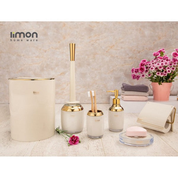 A stylish 6-piece Beige & White bathroom set for enhanced organization and functionality.