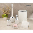 A stylish 6-piece Beige & White bathroom set for enhanced organization and functionality.