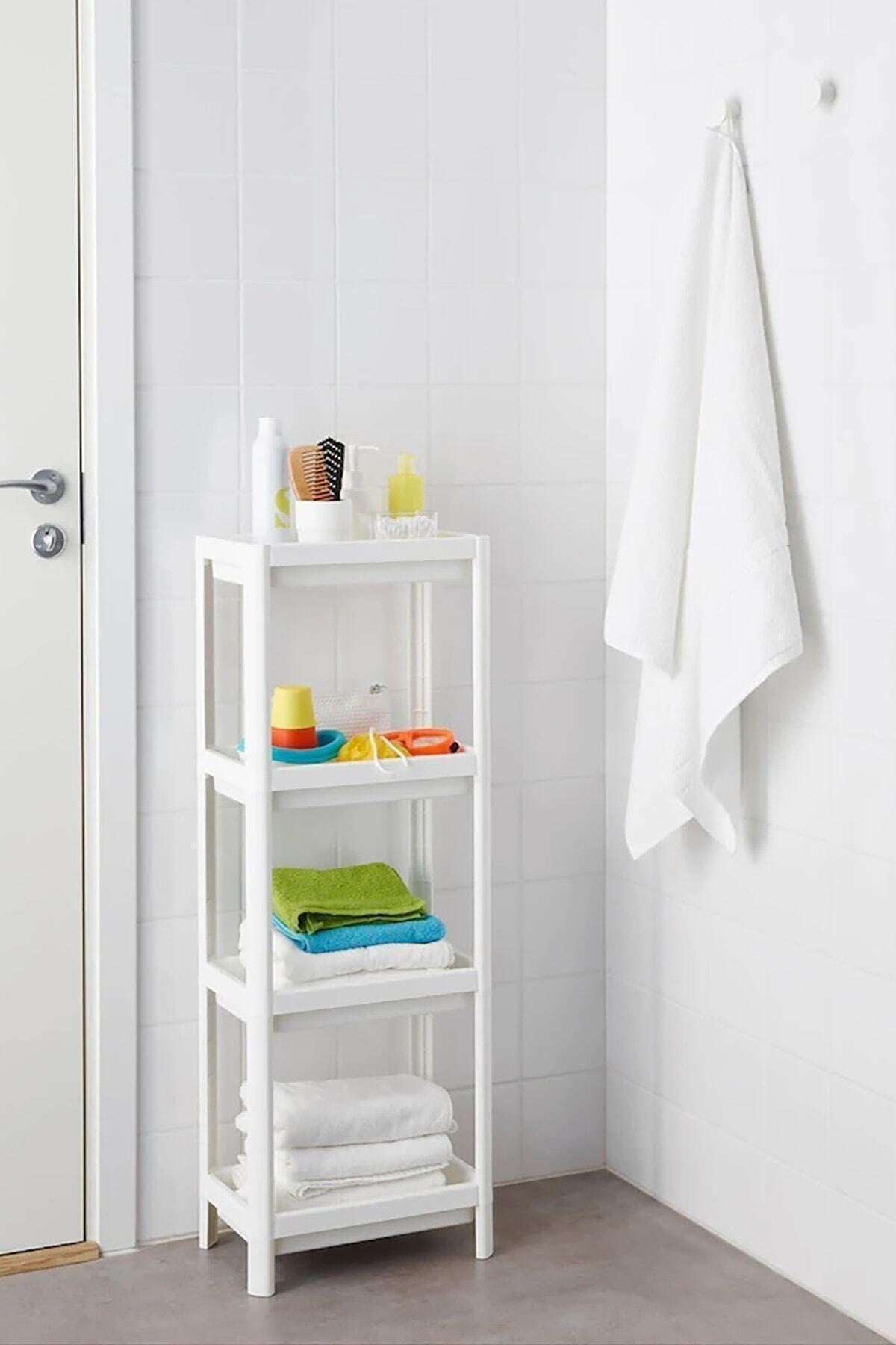 4-tier standing shelves made of sturdy PP plastic, available in white or beige, offering versatile storage for bottles, books, toys, and more in a minimalist design, suitable for any room.