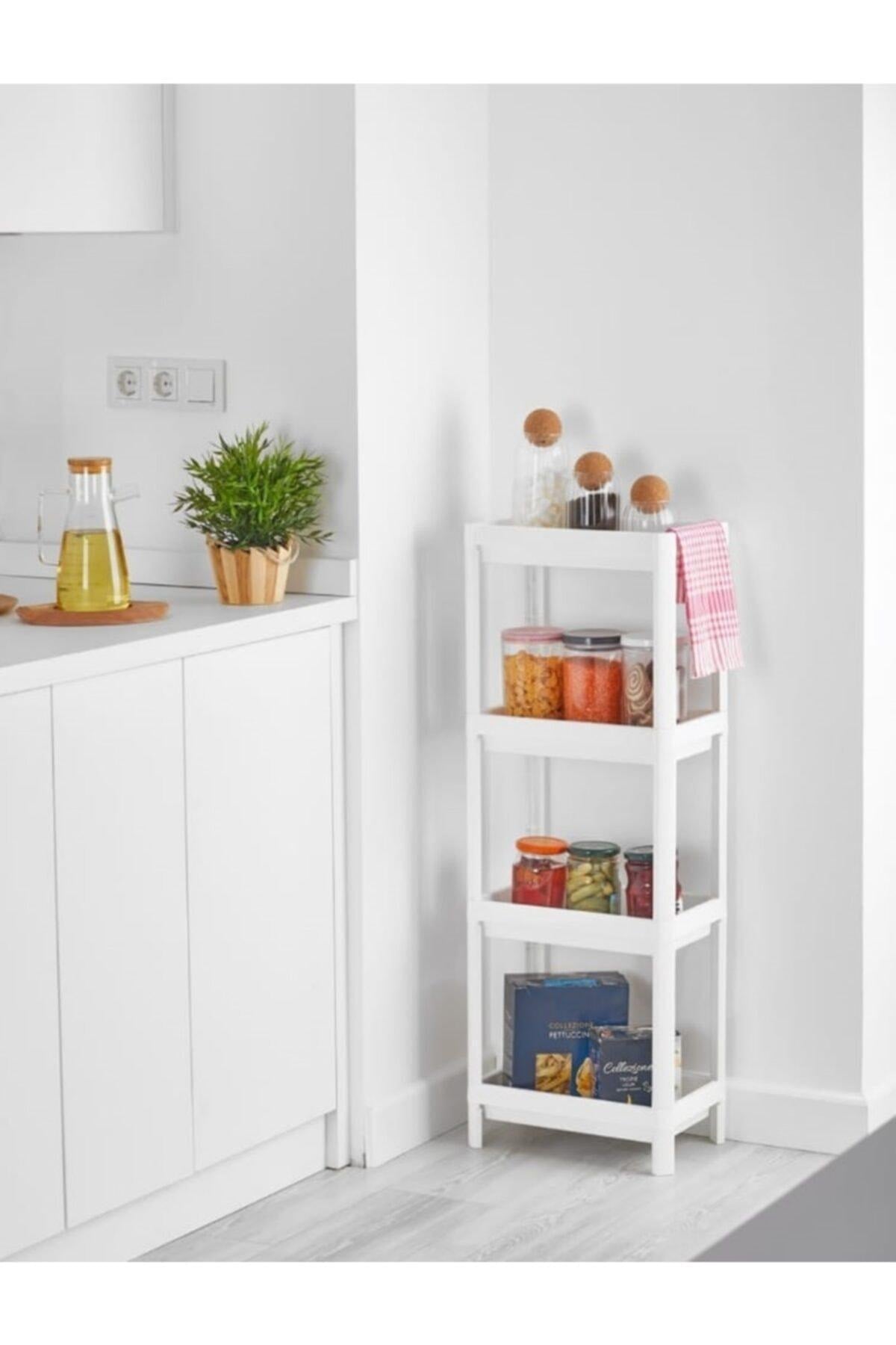 4-tier standing shelves made of sturdy PP plastic, available in white or beige, offering versatile storage for bottles, books, toys, and more in a minimalist design, suitable for any room.