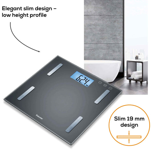 Beurer BF 180 Diagnostic Bathroom Scale displaying weight, body fat, muscle percentage, and BMI on a blue illuminated LCD screen.