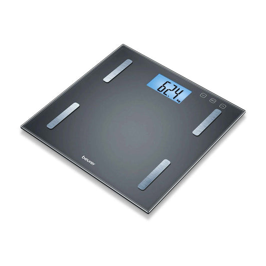 Beurer BF 180 Diagnostic Bathroom Scale displaying weight, body fat, muscle percentage, and BMI on a blue illuminated LCD screen.