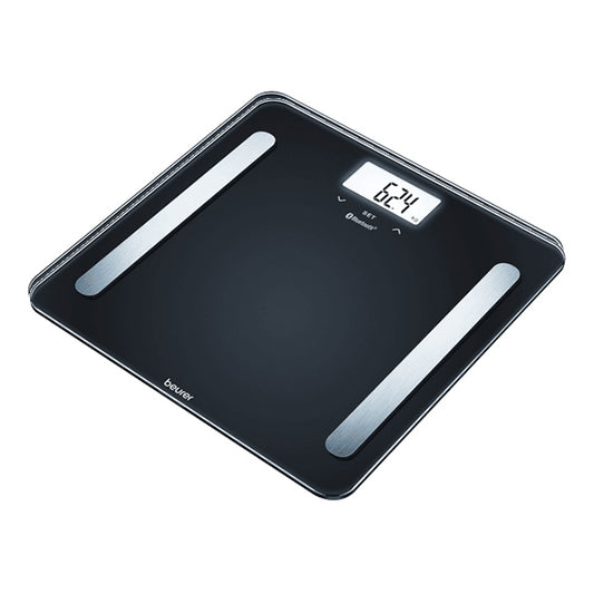 Beurer BF 600 Diagnostic Bathroom Scale with Bluetooth® connectivity, displaying body composition data on an illuminated LCD screen.