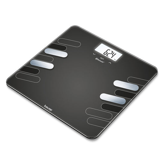 Beurer BF 600 Diagnostic Bathroom Scale with Bluetooth® connectivity, displaying body composition data on an illuminated LCD screen.