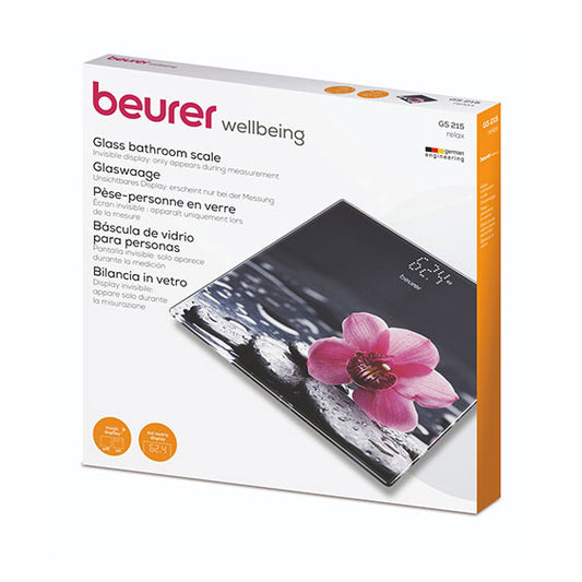 Beurer GS 215 glass bathroom scale with an illuminated display, durable safety glass surface, and a modern design