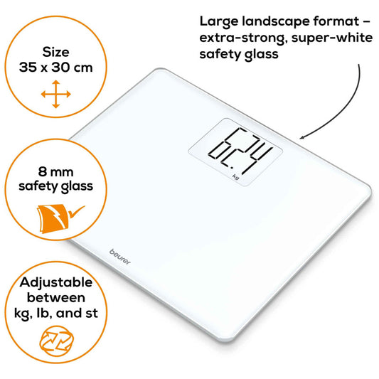 Beurer GS 340 XXL glass bathroom scale with a large safety glass surface and illuminated display