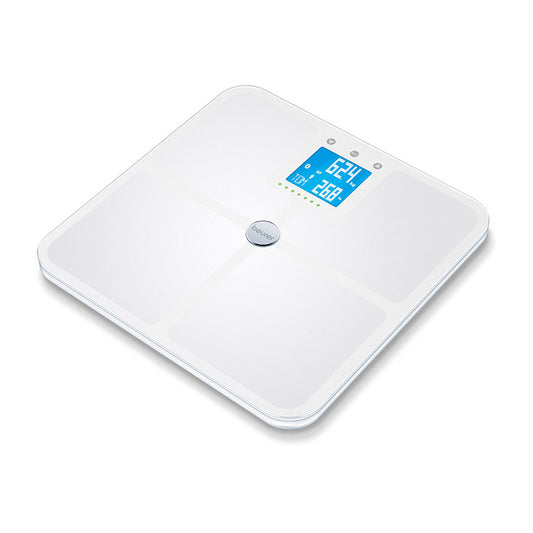 Beurer BF 950 Diagnostic Bathroom Scale with Wi-Fi and Bluetooth® connectivity, displaying body composition data on an illuminated LCD screen.