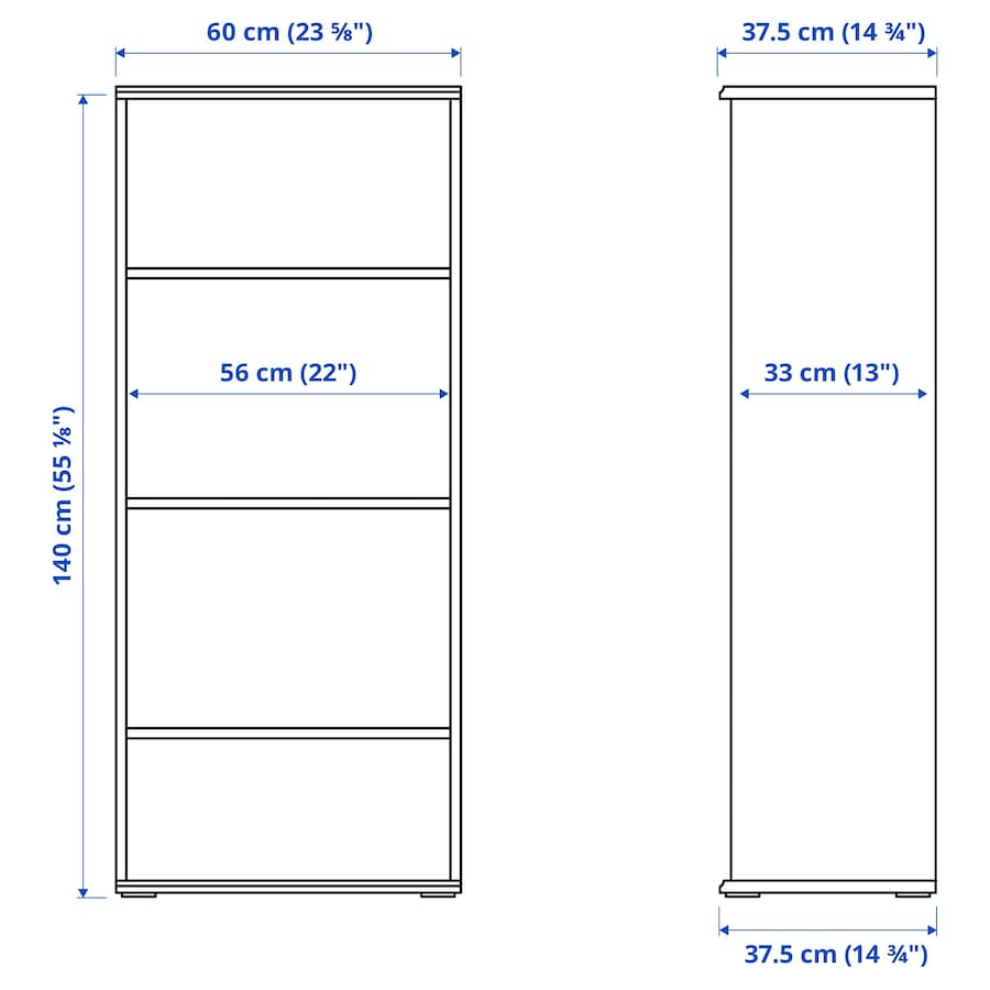 A modern white bookcase with 4 tiers, measuring 23 5/8x55 1/8 inches. Ideal for displaying books and decorative items, it combines style and functionality, enhancing any home or office space