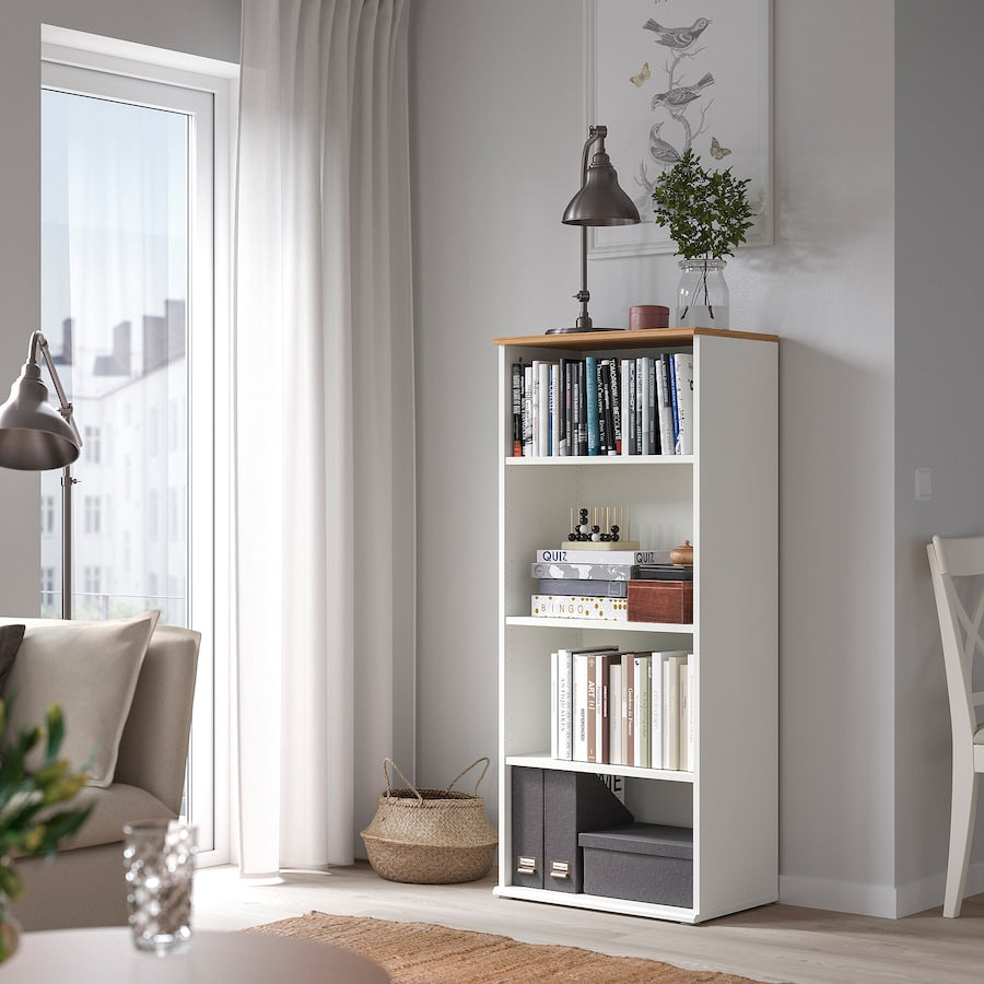 A modern white bookcase with 4 tiers, measuring 23 5/8x55 1/8 inches. Ideal for displaying books and decorative items, it combines style and functionality, enhancing any home or office space