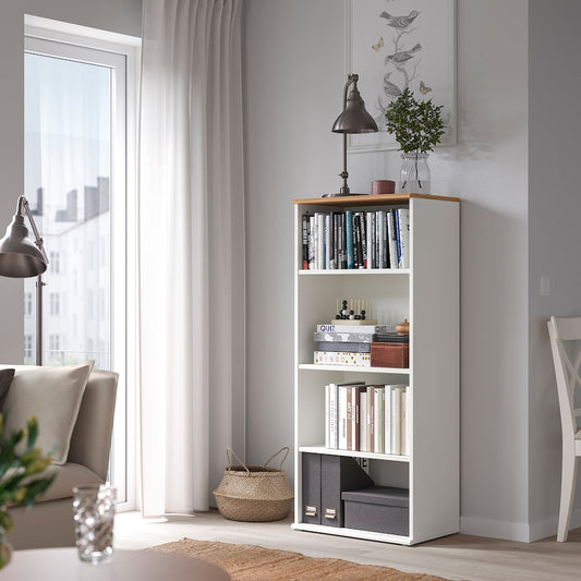 A modern white bookcase with 4 tiers, measuring 23 5/8x55 1/8 inches. Ideal for displaying books and decorative items, it combines style and functionality, enhancing any home or office space