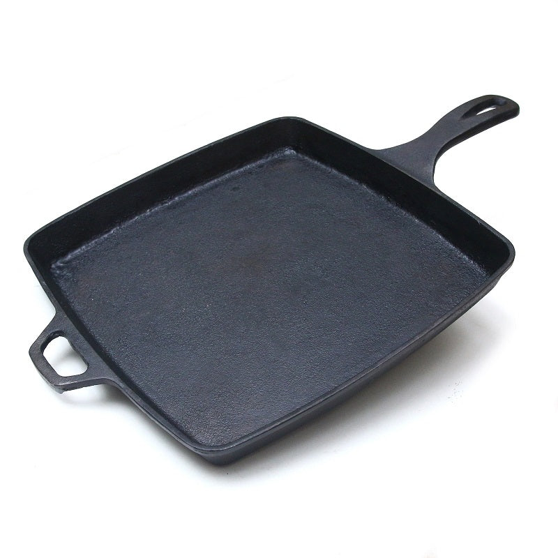 11-inch square cast iron skillet, pre-seasoned for versatile cooking with shallow sidewalls for better containment.