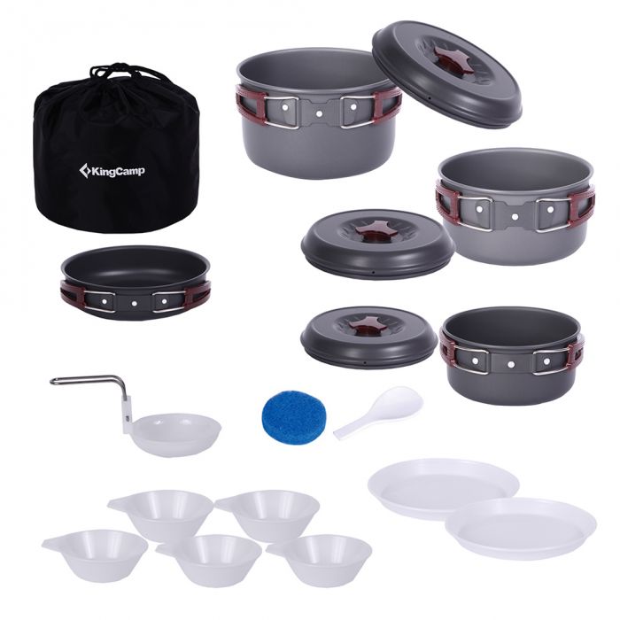 KingCamp Aluminum Foldable Camping Cookware Set with pots, pans, frying pan, kettle, and cutting board for outdoor cooking.