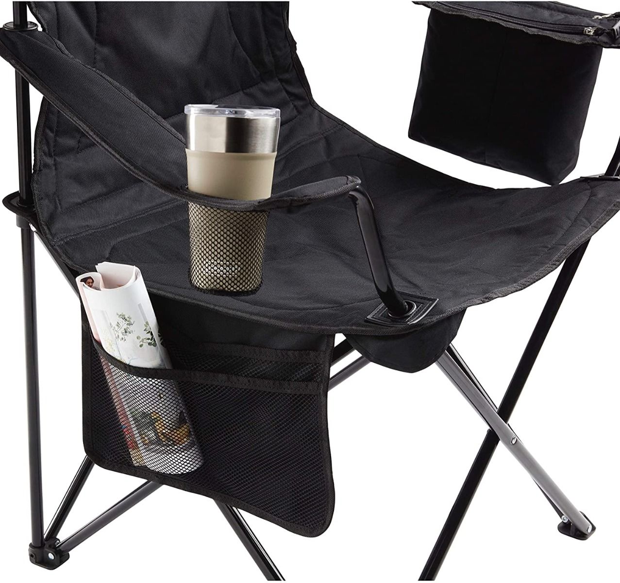 Coleman Quad Chair with built-in cooler, cushioned seat, adjustable arms, and storage pockets for outdoor comfort and convenience