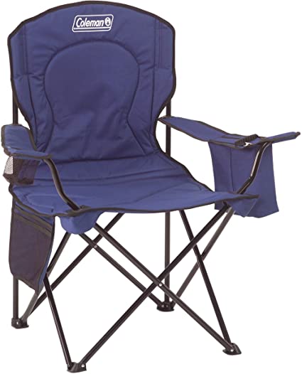 Coleman Quad Chair with built-in cooler, cushioned seat, adjustable arms, and storage pockets for outdoor comfort and convenience