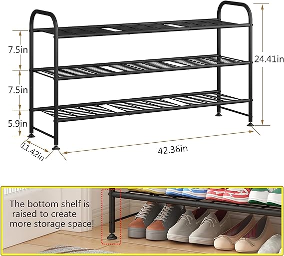 3 Tier Long Shoe Rack Storage Organizer for Closet Entryway Metal Black