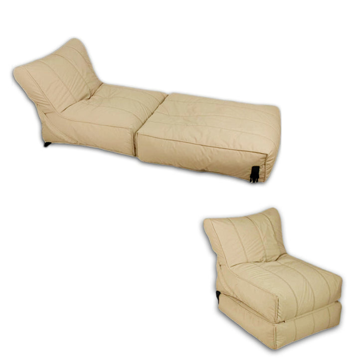 Convertible flip-out sofa and bean bag bed chair in a stylish, water-repellant fabric. Features durable stitching, available in various colors, transforms from a standard chair to an extra-large bed