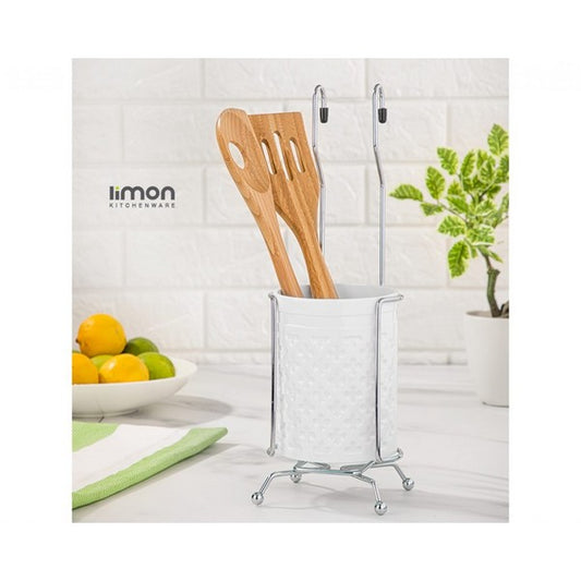 Limon Cutlery Hanging Holder with steel stand, available in pink, white, beige, and gray, 11x35 cm.