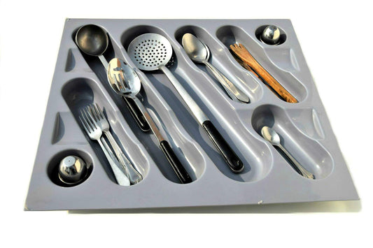 Medium PVC cutlery tray with multiple compartments for organizing spoons, forks, knives, and other utensils. Dimensions: H 1.75" x W 21" x D 19", perfect for kitchen drawer storage