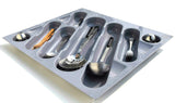 Medium PVC cutlery tray with multiple compartments for organizing spoons, forks, knives, and other utensils. Dimensions: H 1.75" x W 21" x D 19", perfect for kitchen drawer storage