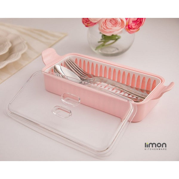 Cutlery box with clear acrylic lid, available in Pink, White, Beige, and Gray, perfect for organized kitchens.