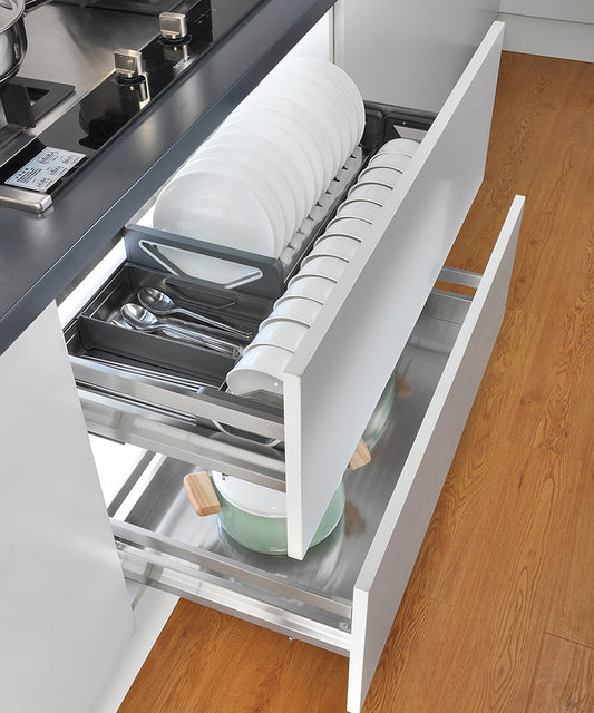 Stainless steel pull-out multi-drawer basket for efficient kitchen storage and organization.