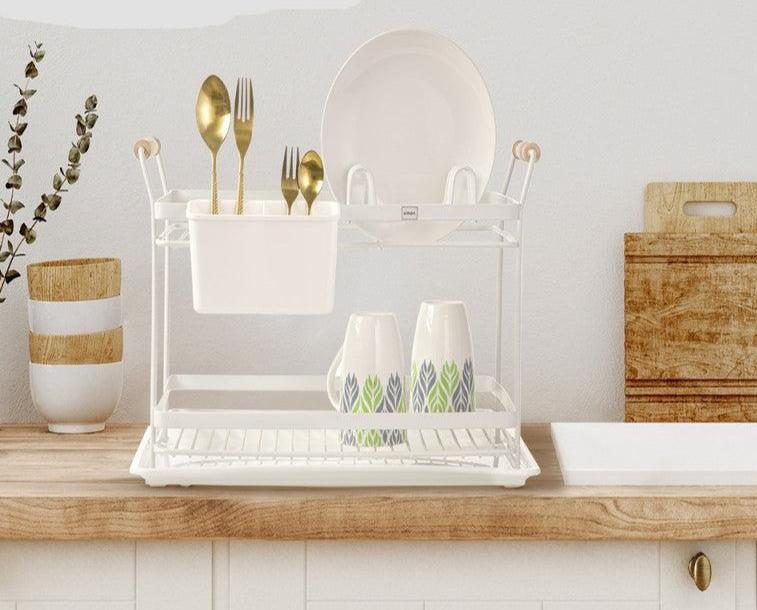 2-tier dish rack with wooden handles, space-saving and stylish for modern kitchen organization.