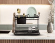 2-tier dish rack with wooden handles, space-saving and stylish for modern kitchen organization.