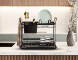 2-tier dish rack with wooden handles, space-saving and stylish for modern kitchen organization.