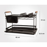 2-tier dish rack with wooden handles, space-saving and stylish for modern kitchen organization.