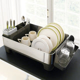 Premium stainless steel plate and cutlery rack with rotating drain spout and removable knife holder.