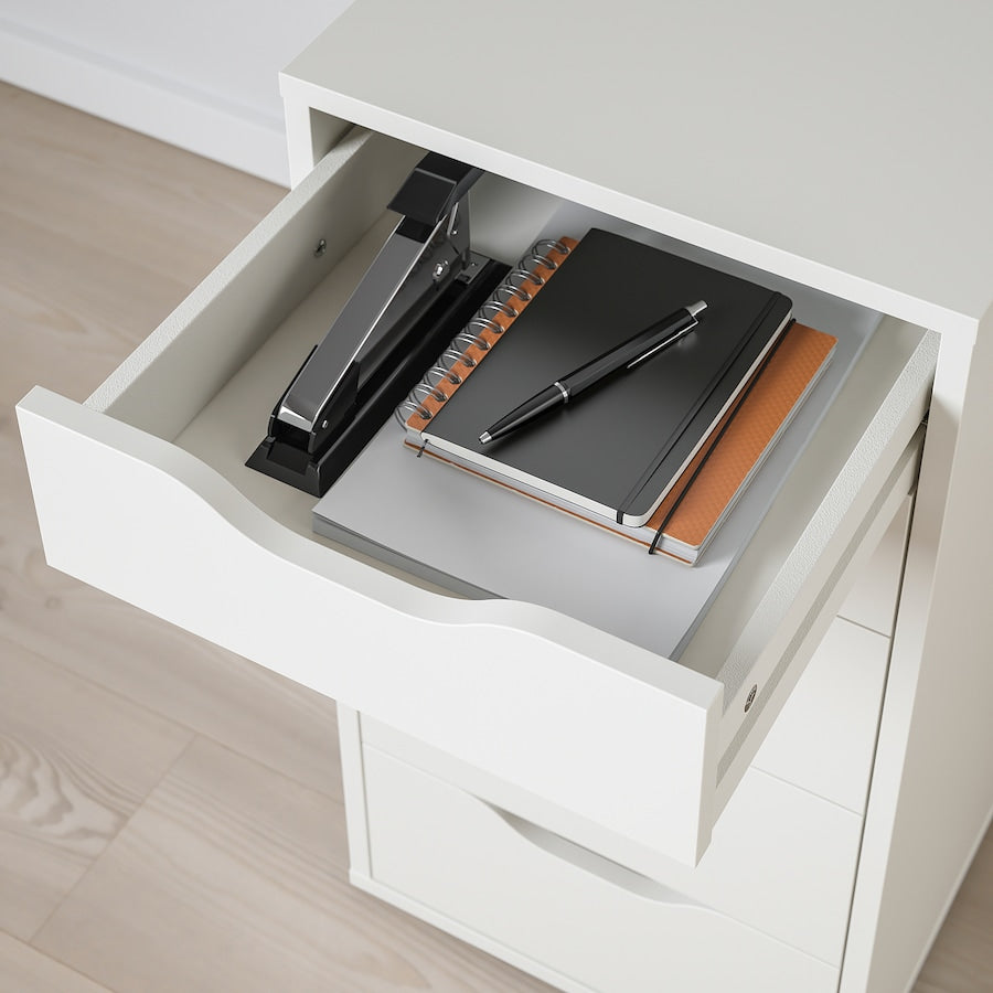 White drawer unit with dimensions 14 1/8" x 27 1/2", featuring a sleek design and finished on all sides, ideal for home organization and versatile placement in any room