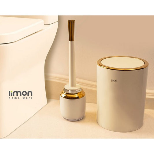 Elegant compact dustbin and brush set in white and beige, perfect for kitchens, bathrooms, and offices.