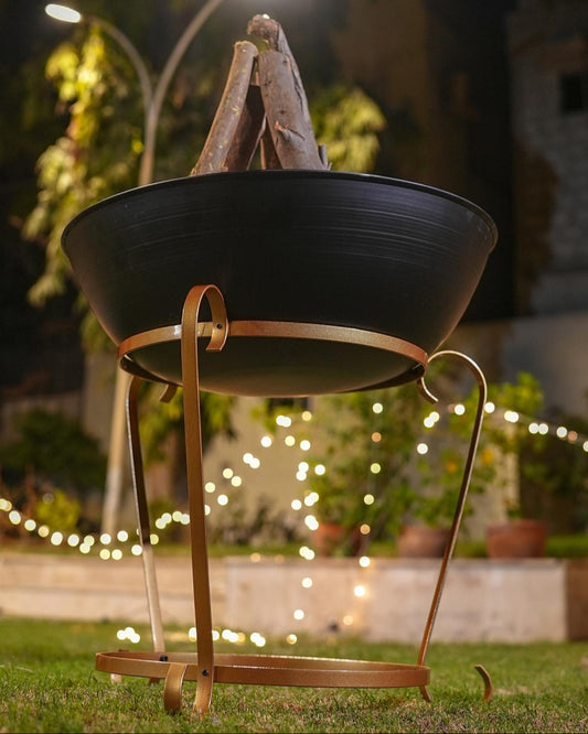 Metal black fire pit with a bottom stand, heat-resistant coating, and 22.5x22.5-inch size.