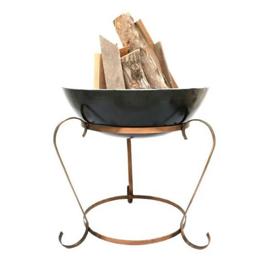 Metal black fire pit with a bottom stand, heat-resistant coating, and 22.5x22.5-inch size.